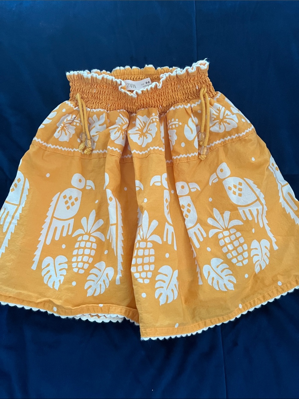 Zara Yellow Pineapple & Parrot Smocked Skirt
